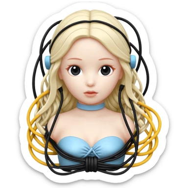 Plastic doll tightly bound with tangled AUX cables. sticker