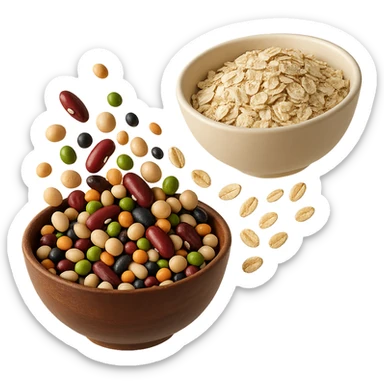 BOWL DI LEGUMI FLUTTUA IN ARIA INSIEME A BOWL DI FIOCCHI DI AVENA,  iperrealistico 4k sticker