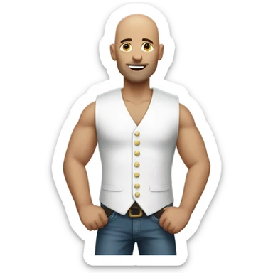 Bald man in white vest making X with arms sticker