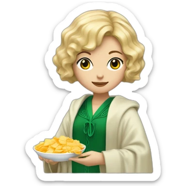 Blue eyes Slytherin girl with short wavy ash blonde bob hair eating chips and cheese hogwarts robe sticker