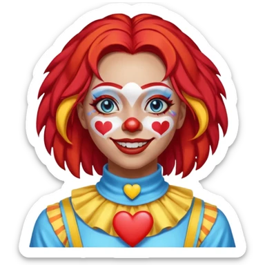 wendy thomas  the clown from gta rp nopixel she has a blue sun on covering right eye with three yellow lines below her right eye and above her left eye. she has long bright red hair and light blue eyes with a heart choker sticker