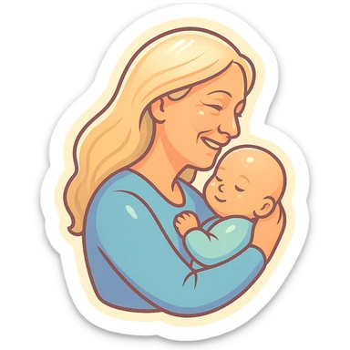 mature woman with long light hair holding a baby in her arms, smiling, side view, close-up, thin clean outlines, soft rounded shapes, pastel palette, retro sticker aesthetic, detailed shadows and highlights, soft lighting sticker