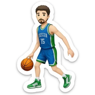 Full Body white male basketball player with short dark shaggy hair and goatee wearing blue and green uniform sticker