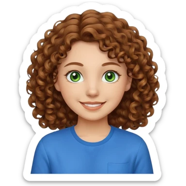 girl with brown hair, green eyes with a blue shirt no background ,young with curly hair smileing long hair not so curly and brown sticker