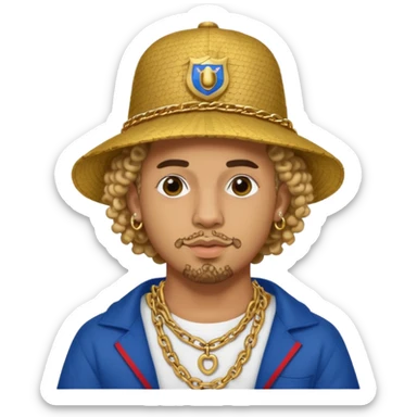 An emoji of Bad Bunny, the superstar from Puerto Rico. The singer. His hair is curly. He has a padlock beard. An an traditional boricua hat.  sticker