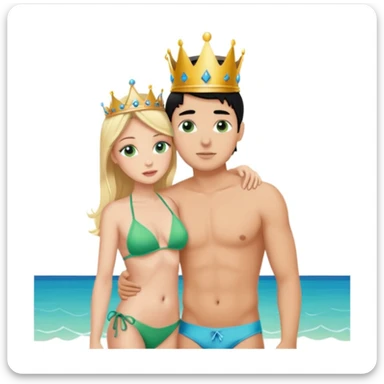 Blonde princess with crown Green eyes in Bikini kissing Male subject without crown black hair blue eyes Background living room  sticker