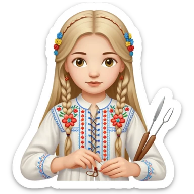Ukrainian young girl with long hair wearing a white embroidered traditional shirt (vyshyvanka) holding sewing tools like a needle and thread sticker