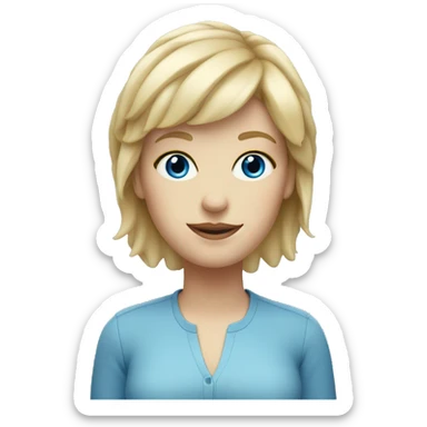 White woman with blonde mullet, short pixie bangs, blue eyes sticker