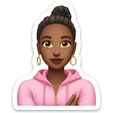 Girl emoji: pink tracksuit, hoop earrings, pink lips, lashes, nails. Poses: peace sign, nails, phone, arms crossed. sticker
