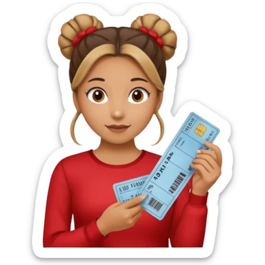 A girl with a bun of hair, wearing a red long-sleeved shirt and holding theater tickets sticker