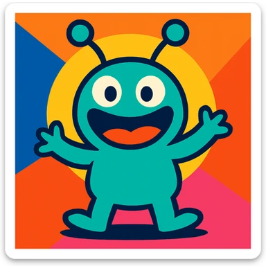 a playful alien with antennae and a big smile sticker