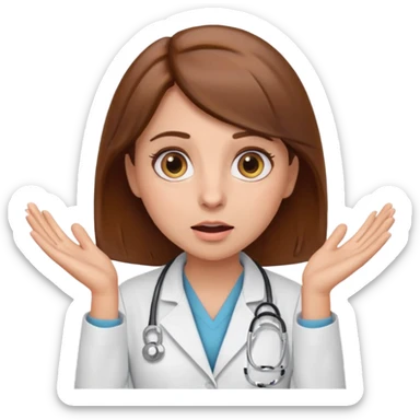 Surprised female doctor emoji with brown hair, both hands on her cheeks, big expressive eyes, clean emoji style sticker