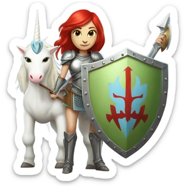 medieval shield: [politically incorrect, (
	{ female, alien, color: light green, hair:red, eyes:cat} ]
	on a 
	[{ unicorn: white, legged:four, mane: light blue }]) sticker