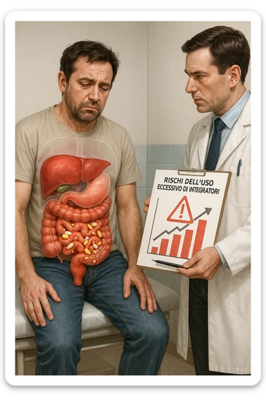 a man sits on a doctor’s examination table, looking fatigued and uncomfortable. A transparent anatomical overlay reveals his liver and intestines, both appearing inflamed and congested, with stylized supplement capsules and pills scattered throughout the digestive tract. The doctor stands nearby, holding a chart that highlights the risks of excessive supplement use. The mood is clinical and educational. in italiano iperrealistica sticker