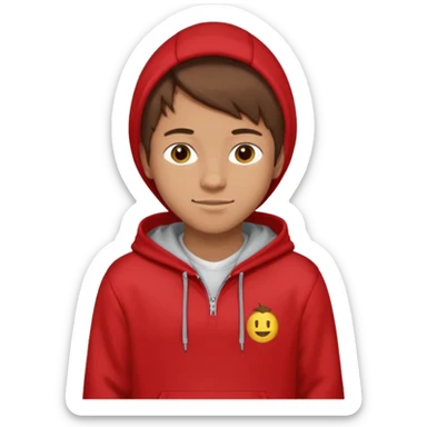 make me an emoji of an americain 19 yearold boy in a red hoodie that says "south" on it and give him with tan skin with his hands in his hands in his pocket wth a small smile with his hood on sticker