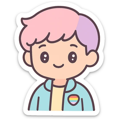 anime boy with a gentle smile, rainbow pin on his jacket, soft pastel colors, subtle pride theme sticker