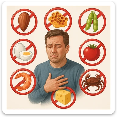 A 40-year-old man suffering from food intolerances, inspired by the reference image, with a discomforted expression, forbidden food symbols arranged in a circle around him. Realistic or illustrative style with a light background. sticker