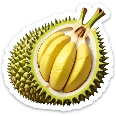 Cinematic Realistic Durian Fruit Dish Emoji, depicted as the notorious spiky fruit with a rich, custardy interior rendered with lifelike detail and bold, distinctive lighting. sticker
