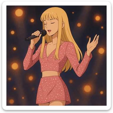 Pretty and thin tall Blonde pop star with bangs singing onstage, wearing a sparkly pink outfit   sticker