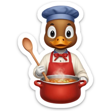 A duck wearing red apron stirring soup in a small pot, looking very focused. sticker