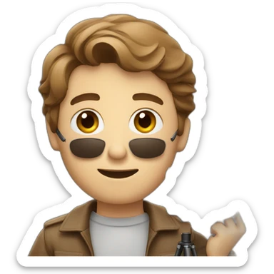 European film director with brown piled short hair holding a cinema camera sticker