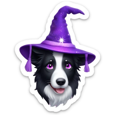 Border Collie with rainbow-coloured eyes wearing a purple velvet wizard hat covered with tiny, sparkling, silver stars. sticker