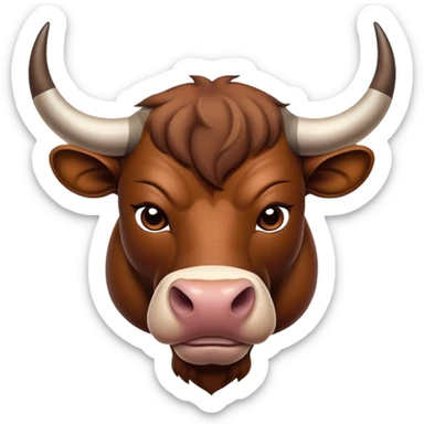 Cinematic Noble Brown Bull Portrait Emoji, Poised and regal, with a massive, muscular build and a sleek, well-groomed rich brown hide, deep-set soulful dark eyes, Simplified yet sharp and sophisticated features, highly detailed, glowing with a soft, dignified glow, high shine, intelligent and formidable, stylized with an air of strength, focused and attentive, soft glowing outline, capturing the essence of a watchful and confident guardian, so majestic it feels as though it could charge out of the screen with effortless authority! sticker