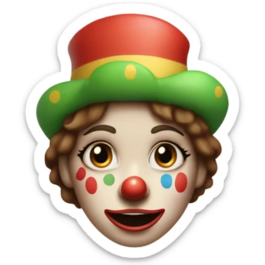 smiling clown girl with clown face paint wearing jester hat with straight brown hair exaggerated expression of sadness on her face  sticker