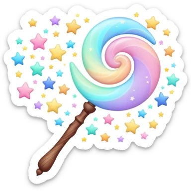 Cinematic cute magical wand, pastel swirls of color, tiny twinkling stars floating around, glowing softly, chubby rounded edges, whimsical and dreamy. sticker