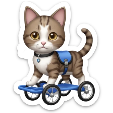 full body small short hair dark brown and white cat with hazel eyes walking in a wheelchair for cats sticker