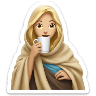 Blonde girl wrapped in blanket drinking coffee sticker