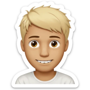 Male with short, messy blonde hair, large expressive golden-brown eyes, brown skin, scar over nose, crooked smile showing slightly damaged teeth, wearing a plain white t-shirt. sticker