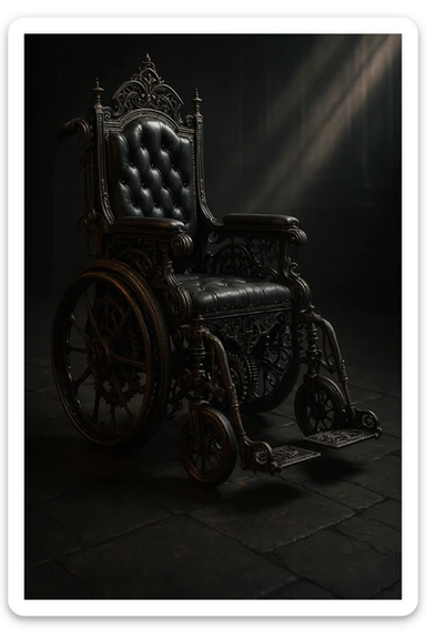 gothic steampunk wheelchair, ornate gears, dark metal, Victorian details, dramatic lighting sticker