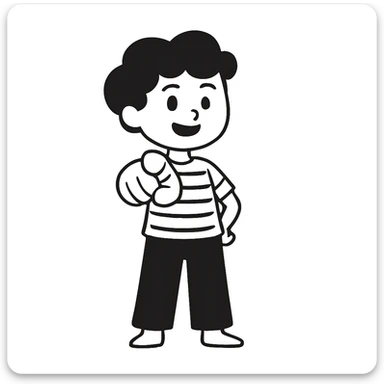 Edit the image of the boy in the doodle style to have him pointing toward the viewer, keeping the same character details and doodle style as the original. sticker