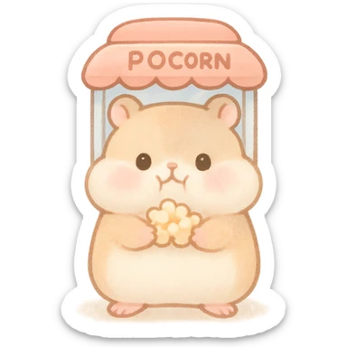 kawaii popcorn machine soft fluffy hamster with puffed cheeks, holding popcorn, soft pastel colors, full-body sticker