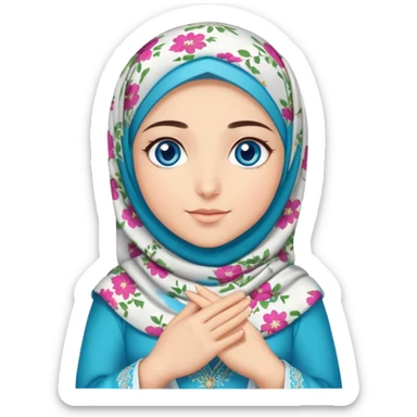 Turkish beautiful finish Konya girl blue eyes with floral hijab dress islamic dress and had on her hand text Eid Mubarak  sticker