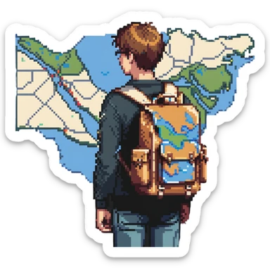 confused traveler with backpack looking at map sticker