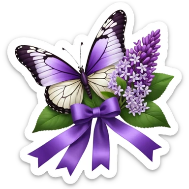 Hyperrealistic, mirco-detailed, vivid and bright purples mixed with white, bouquet of lush lilacs, with a deep dark silk ribbon and small metallic butterfly embellishment attached, flat layout across from top right to bottom left, still life, isolated render sticker
