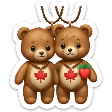 2 fluffy Teddy bears in love. One has an acorn necklace and a maple leaf necklace  sticker