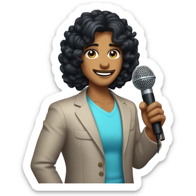 A game show host with shoulder-length curly black hair and tanned skin holding a microphone sticker