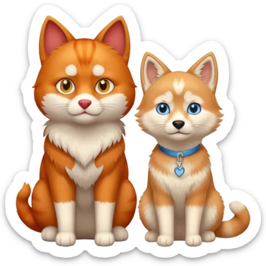 red cat with yellow eyes sit next to beige husky with blue eyes  sticker