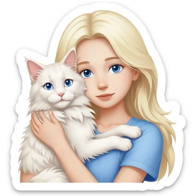 blonde girl blue eyes hugging a white Maine Coon A Chinese fashion girl with brown hair, wearing a light gray fur coat, hugging a Shiba Inu and a long-haired white Persian cat. sticker