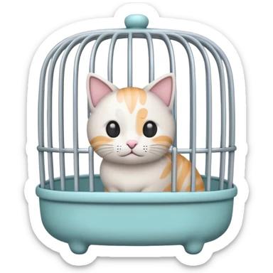 A cute emoji-style cat cage — rounded, cartoon look, clean outline, pastel colors. Vertical metal bars in front, small handle on top, and soft edges. Simple, minimal details, high contrast, with no cat inside sticker