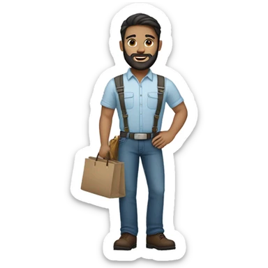 White engineer with black beard and white helmet wearing light blue blouse and dark jeans and brown shoes holding bags sticker