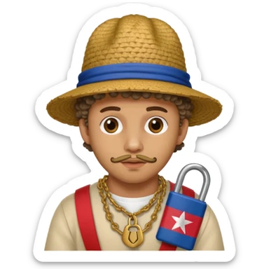 An emoji of Bad Bunny, the superstar from Puerto Rico. The singer. His hair is curly. He has a padlock beard. An an traditional boricua hat.  sticker