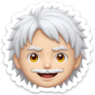 emoji inspired by Luffy Gear 5, fluffy white hair, playful grin, glowing eyes, round face, clean vector art, bold lines, bright colors, transparent background, 1:1 sticker