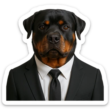 Rottweiler wearing a formal suit and tie, looking sharp sticker