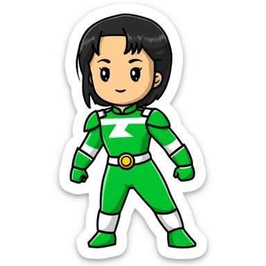 wasian girl in a green Power Ranger suit, black straight hair, black eyes sticker