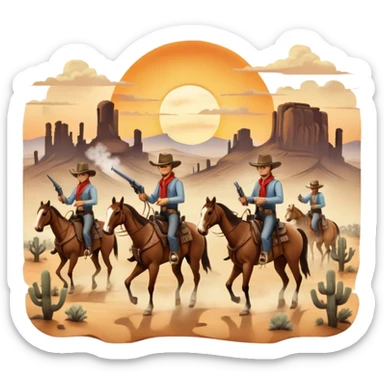 Icon for Western: A vintage movie poster-style design with cowboys on horseback, dusty desert landscape, and a setting sun. Include cowboy hats, revolvers, and an old saloon. The design should have bold typography and a retro cinematic feel. Transparent background. sticker