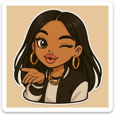 Make the anime Bratz style woman in the headshot a little darker in skin tone to match the others. Keep her winking and blowing a kiss. She is about 20 years old with dark hair, wearing trendy streetwear. She has big expressive eyes, glossy lips, and a happy expression. No hat and no tears. Style is chibi stickers anime style. sticker